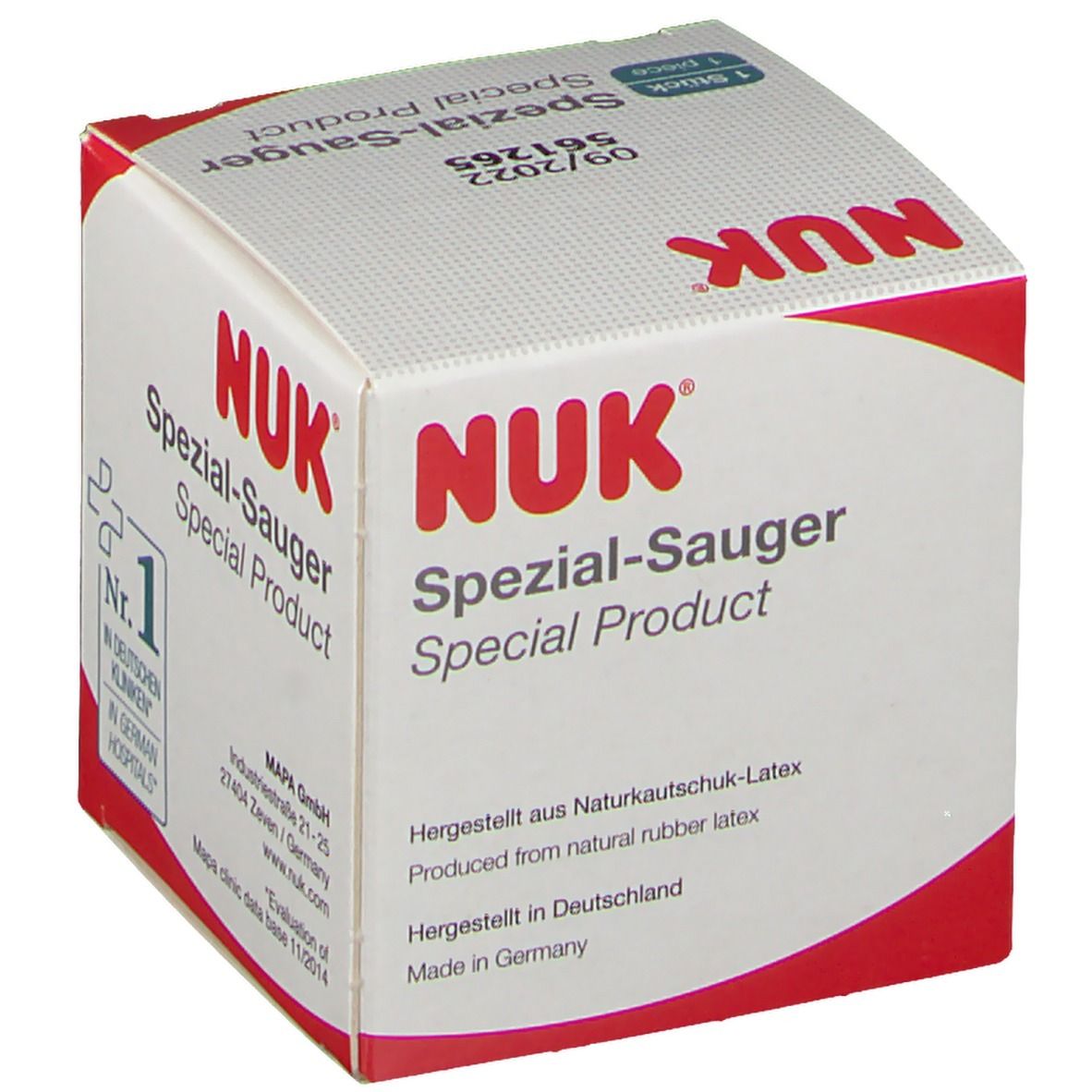 Verpackung von NUK Spezial-Sauger. Weißer Karton mit roter Schrift und Akzenten. Text: Spezial-Sauger, Nr. 1, hergestellt in Deutschland.