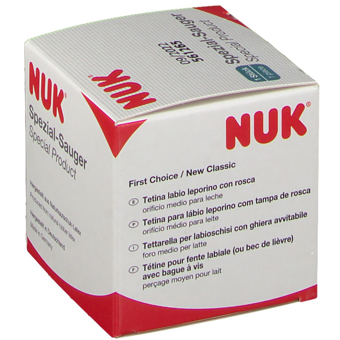 NUK Spezial-Sauger Verpackung. Weißer Karton mit roter Schrift. Text: Spezial-Sauger, First Choice/New Classic, Tetina labio leporino con rosca.