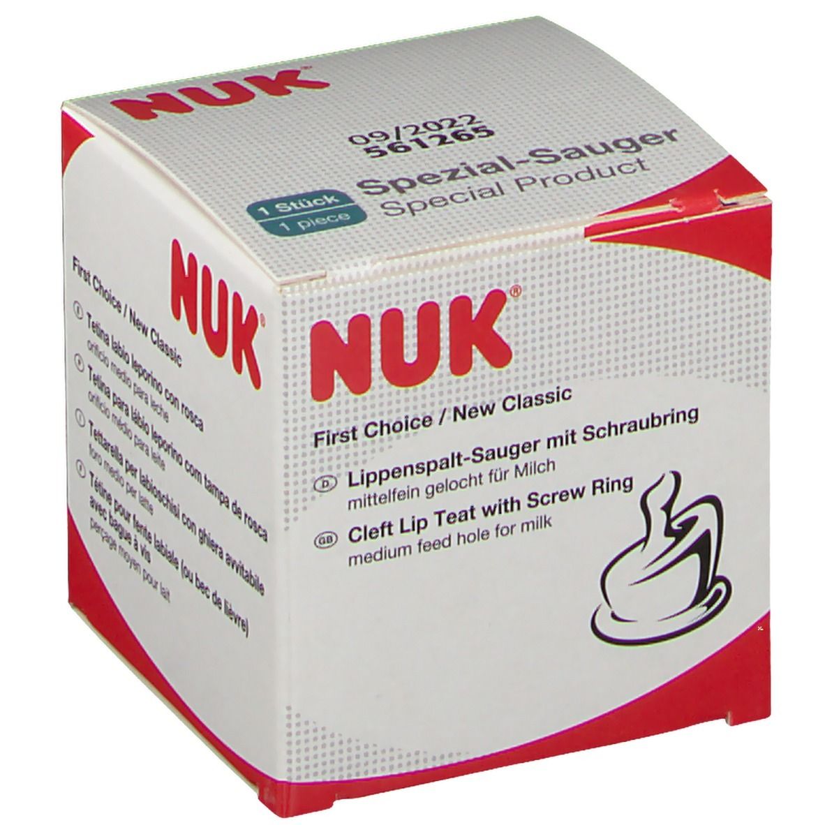 NUK Spezial-Sauger Verpackung. Weißer Karton mit roter Schrift. Text: Spezial-Sauger, First Choice/New Classic, Lippenspalt-Sauger mit Schraubring.