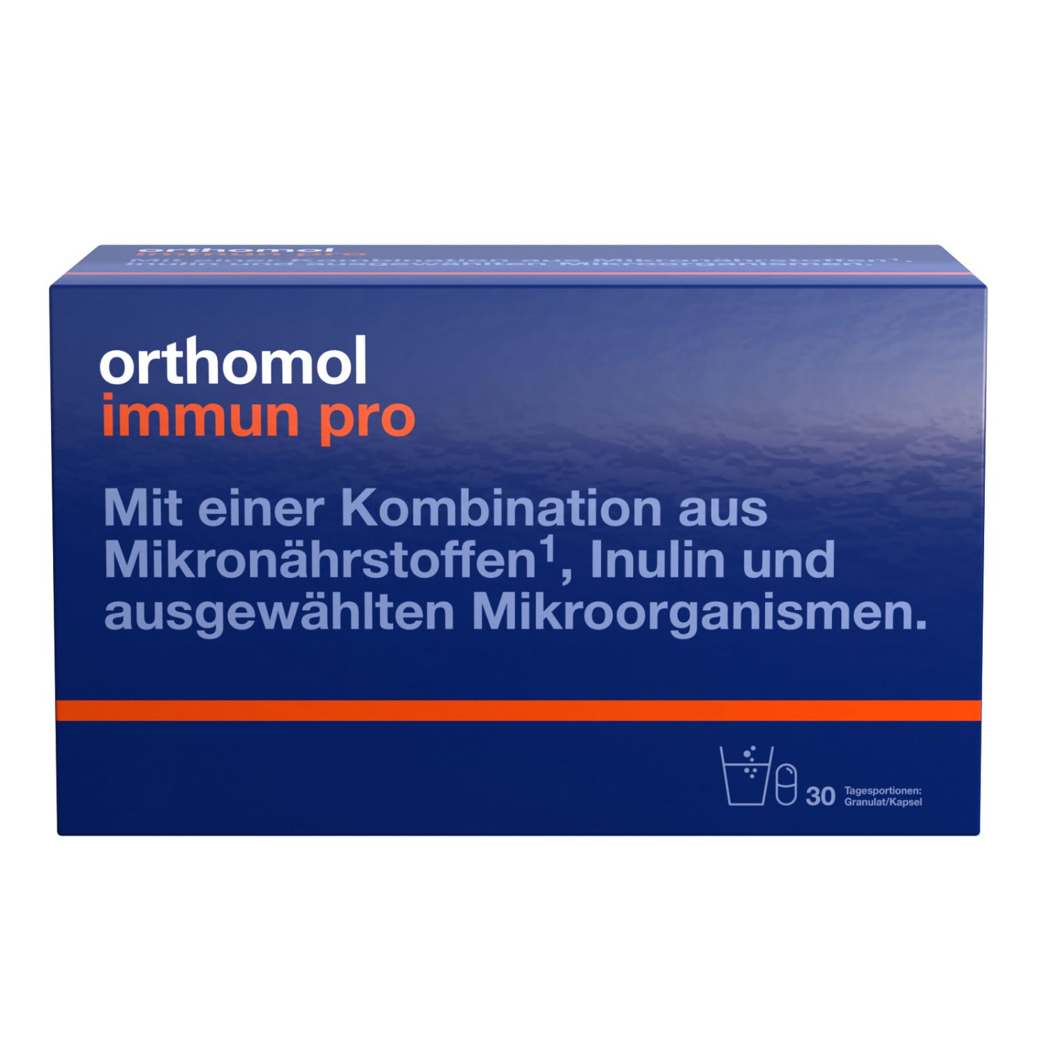 Blaues Produktkarton von Orthomol Immun pro. Text und Logo in Weiß und Orange.