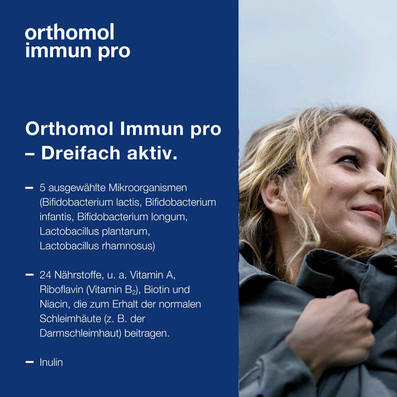 Frau lächelt. Text über Orthomol Immun pro. Blaue Produktverpackung im Hintergrund.