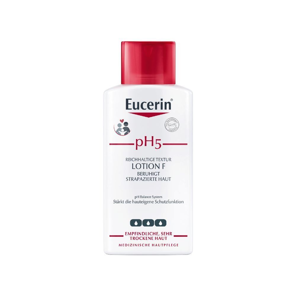 Weiße Flasche mit rotem Deckel. Aufschrift Eucerin pH5, Lotion F. Für empfindliche, sehr trockene Haut.