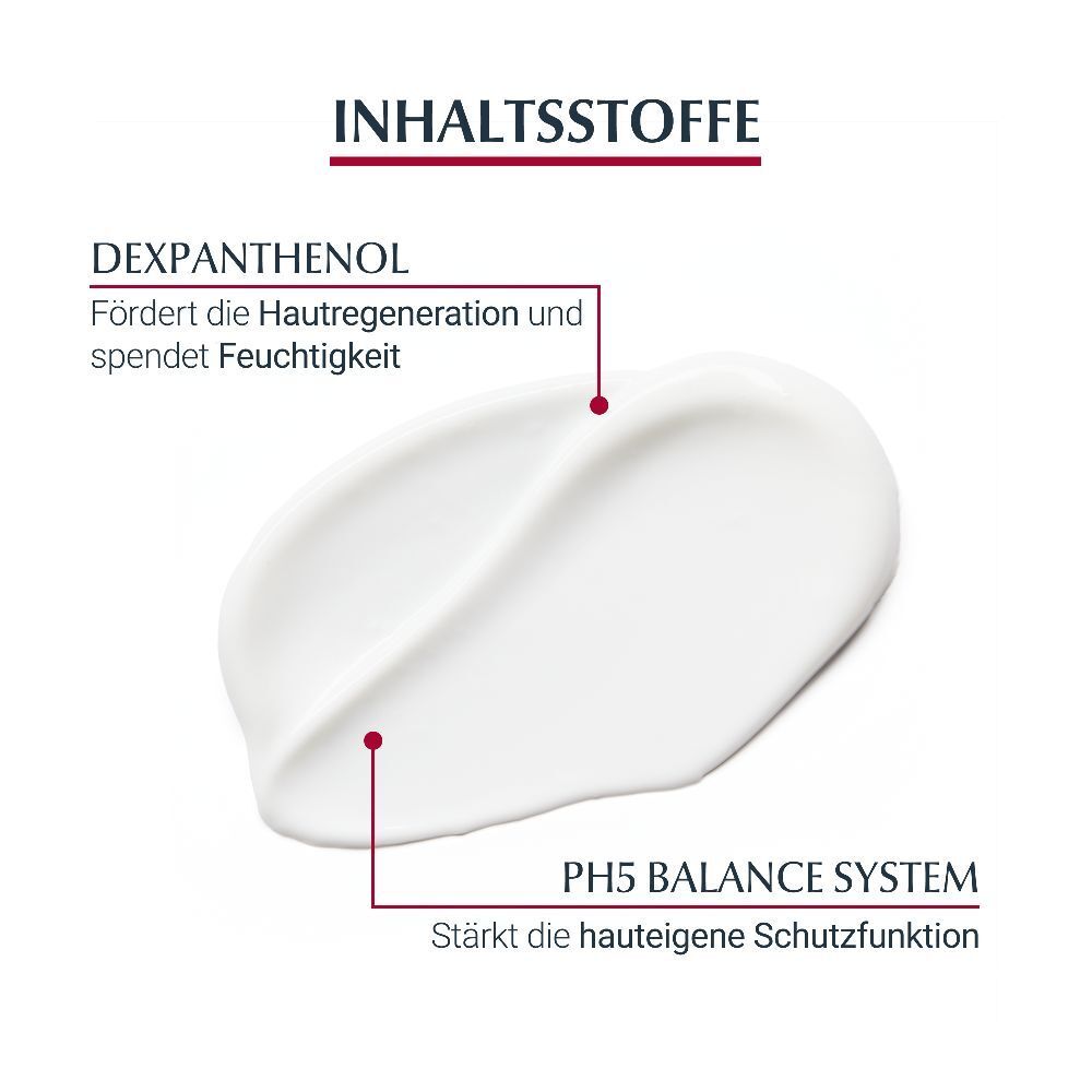 Weißes Produkt auf rotem Hintergrund. Text: Dexpanthenol, pH5 Balance System. Fördert Hautregeneration.