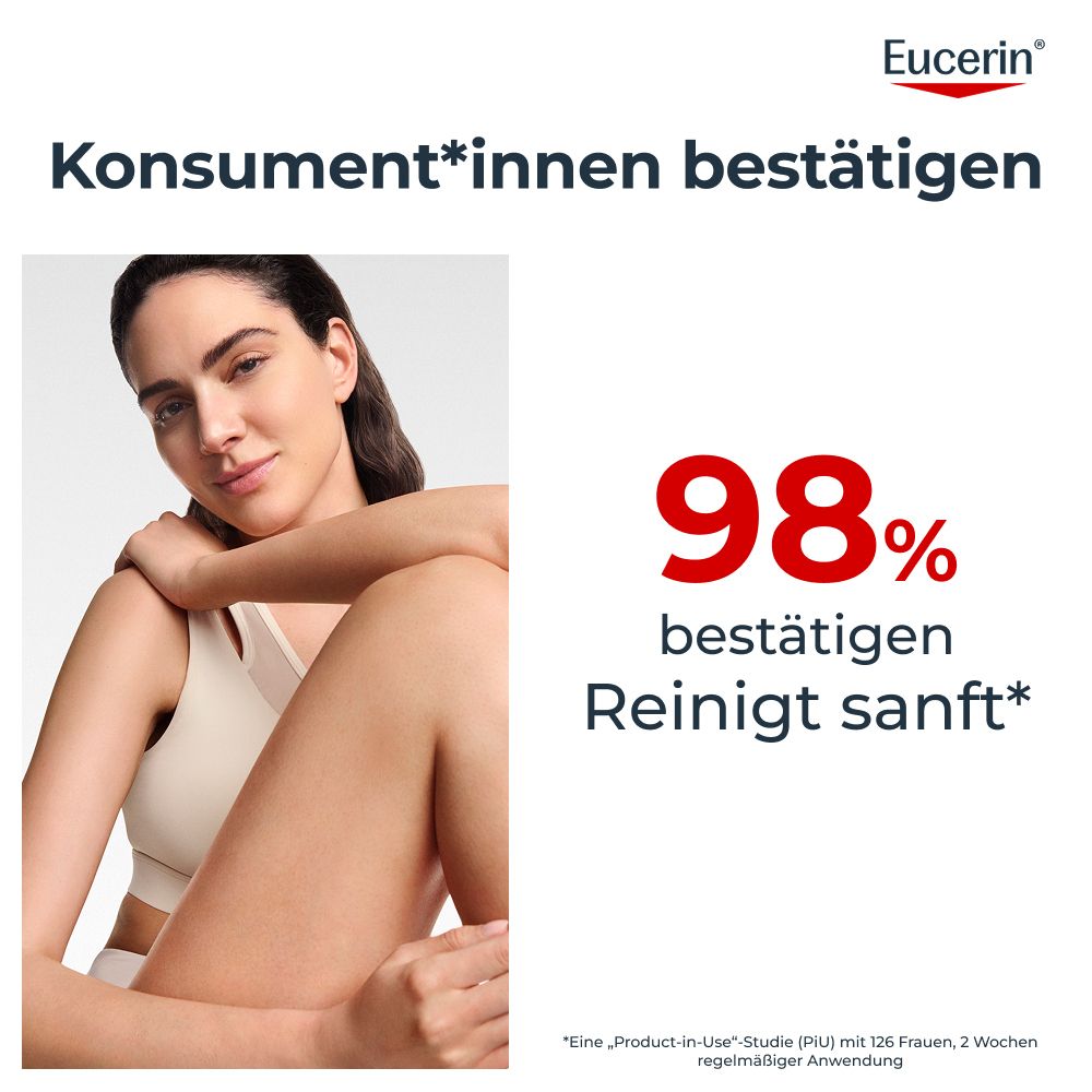 Frau mit glatter Haut, 98% bestätigen sanfte Reinigung durch Eucerin.