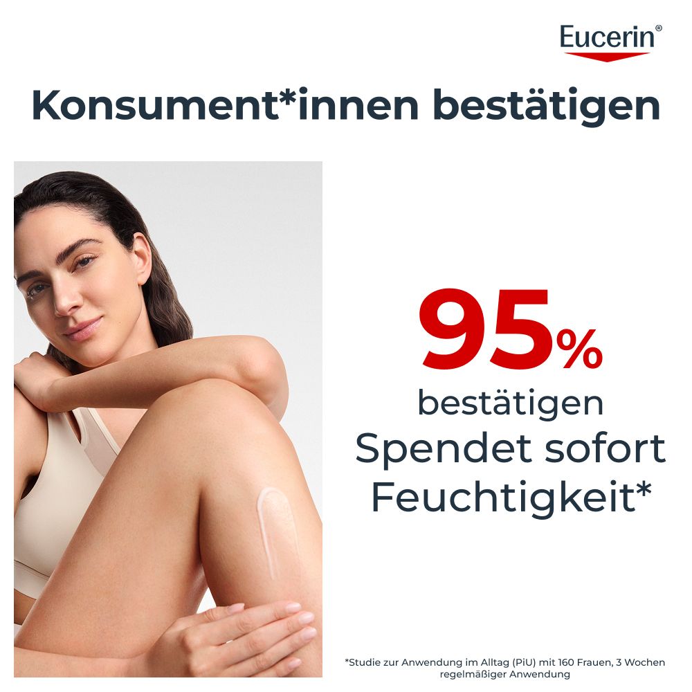 Frau mit glatter Haut, Eucerin-Logo und Text über 95% Bestätigung für Feuchtigkeit.