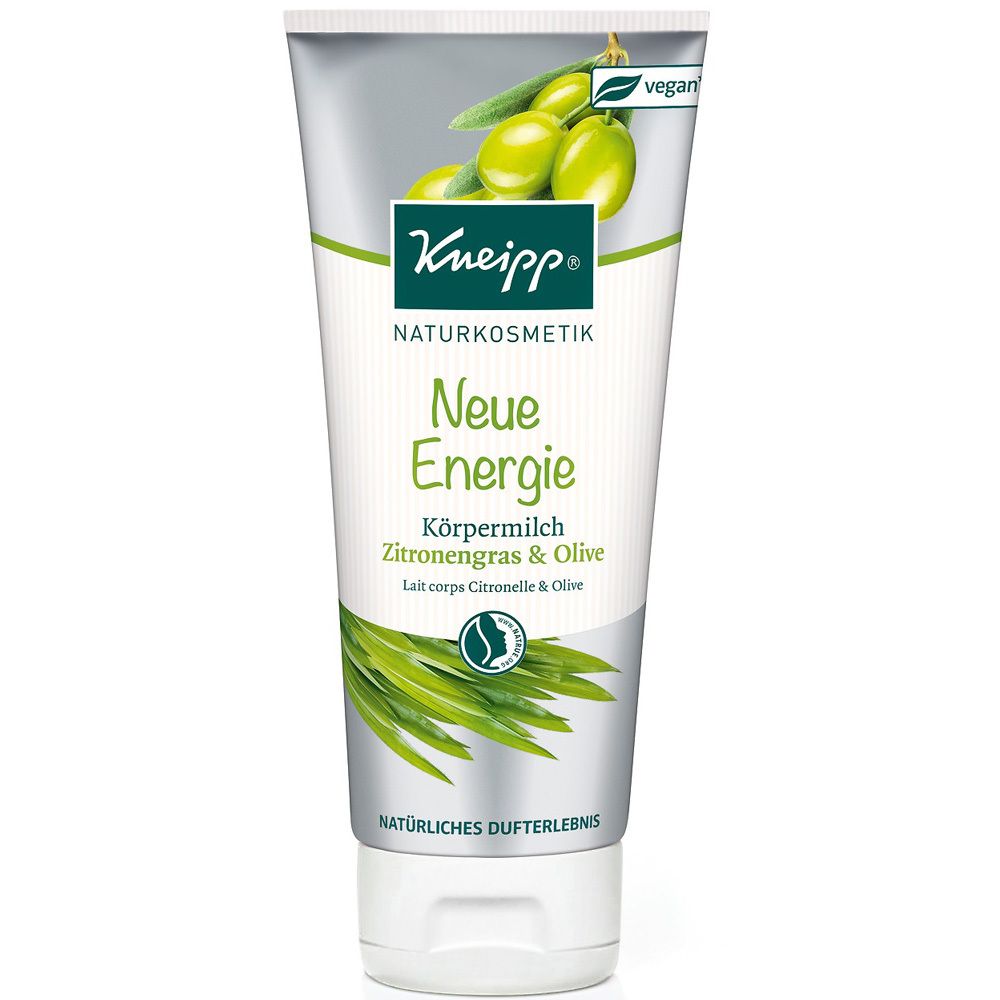 Kneipp® Körpermilch, weiße Tube mit grünen Akzenten. Zitronengras- und Oliven-Illustrationen. Vegan-Siegel.