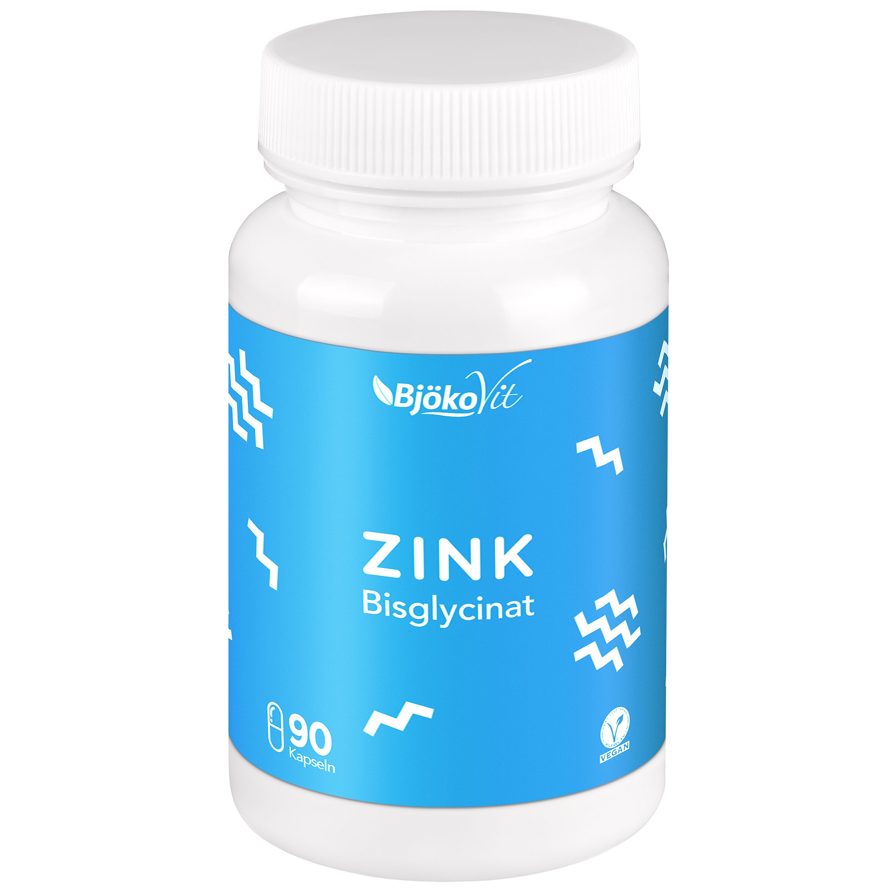 Weiße Flasche mit blauem Etikett. Aufschrift: Zink Bisglycinat. 90 Kapseln. Vegan-Siegel.