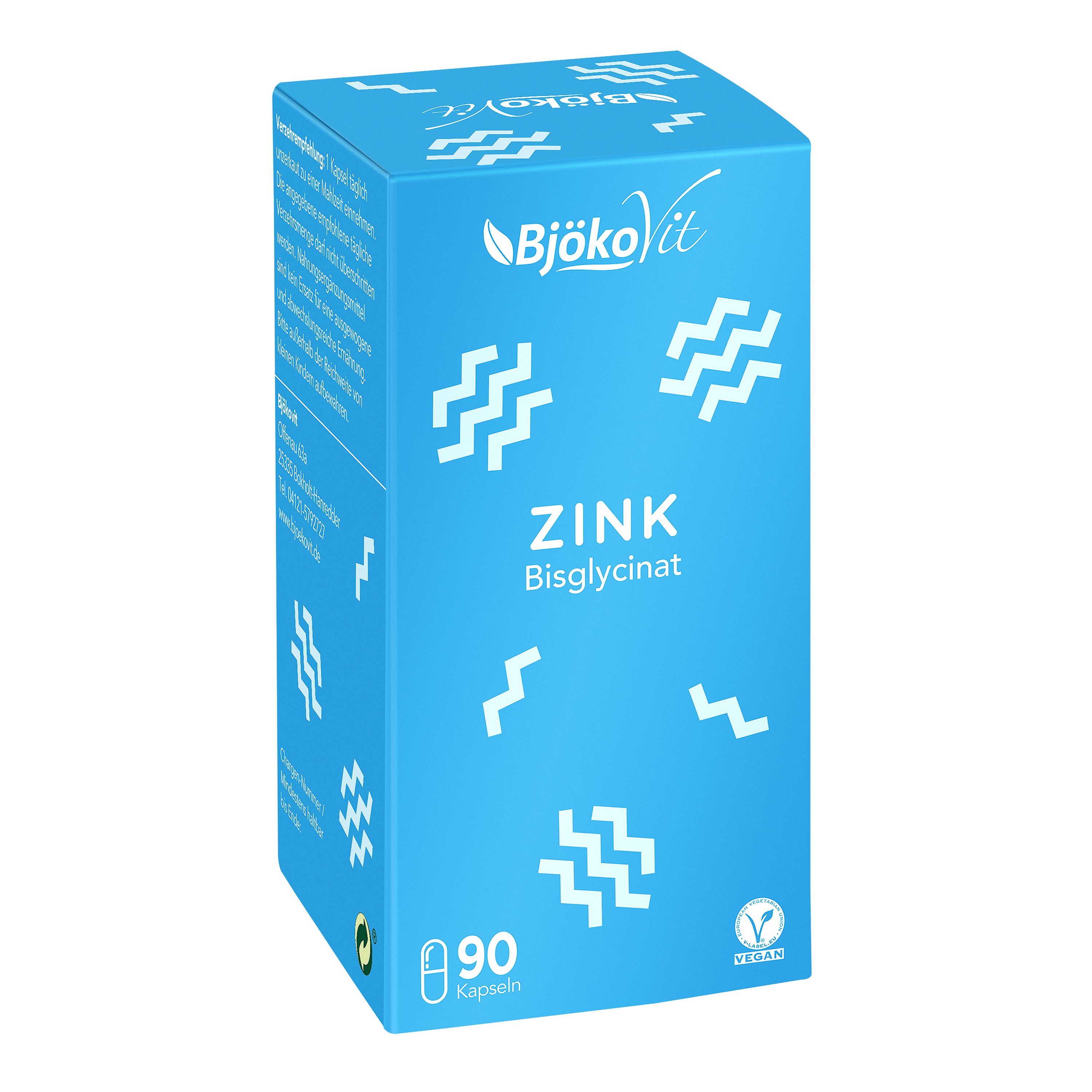Blaue Schachtel. Aufschrift: Zink Bisglycinat. 90 Kapseln. Vegan-Siegel. Wellenmuster.