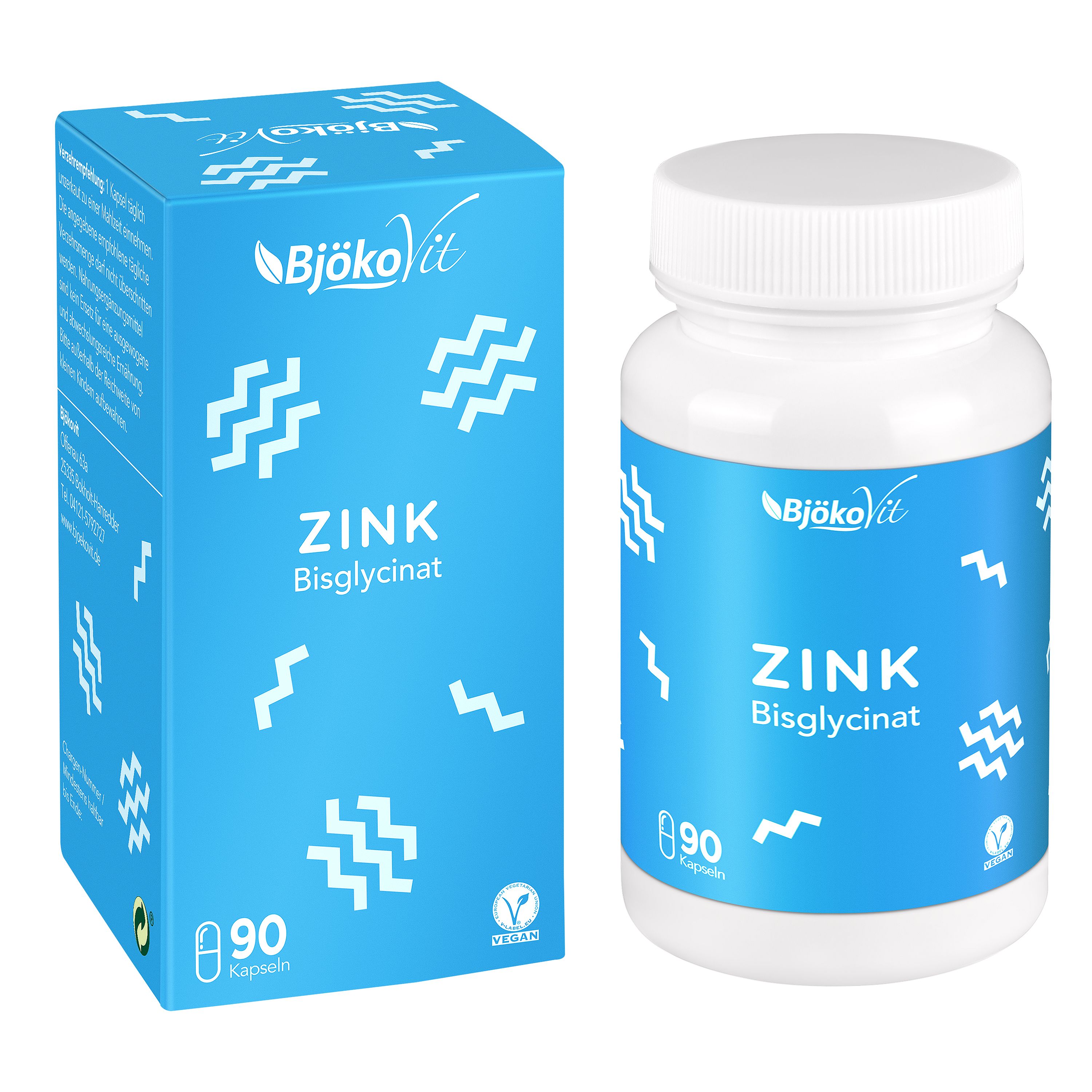 Schachtel und Flasche. Aufschrift: Zink Bisglycinat. 90 Kapseln. Vegan-Siegel. Wellenmuster.