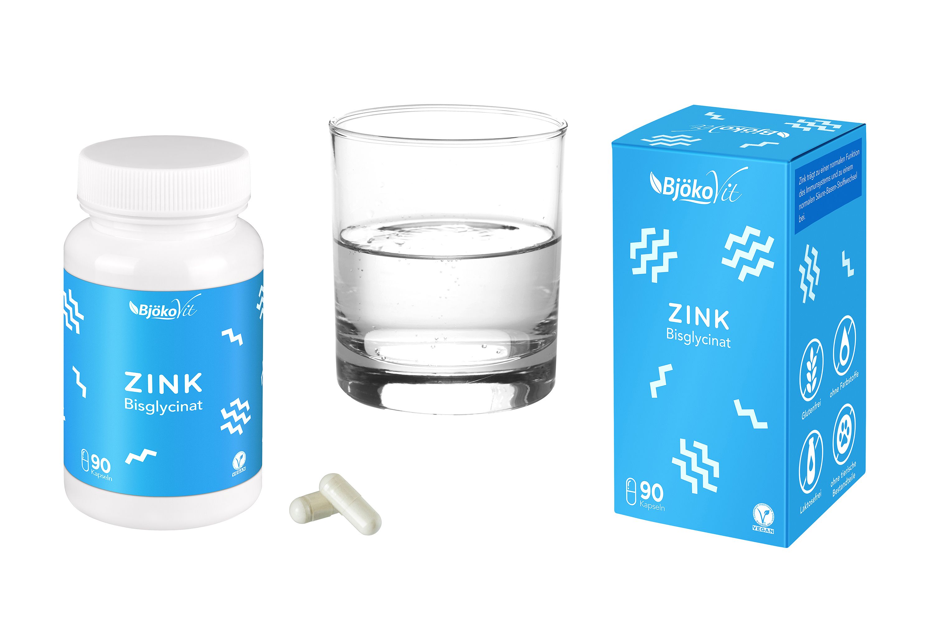 Flasche, Schachtel und Glas Wasser. Kapseln. Aufschrift: Zink Bisglycinat. 90 Kapseln.