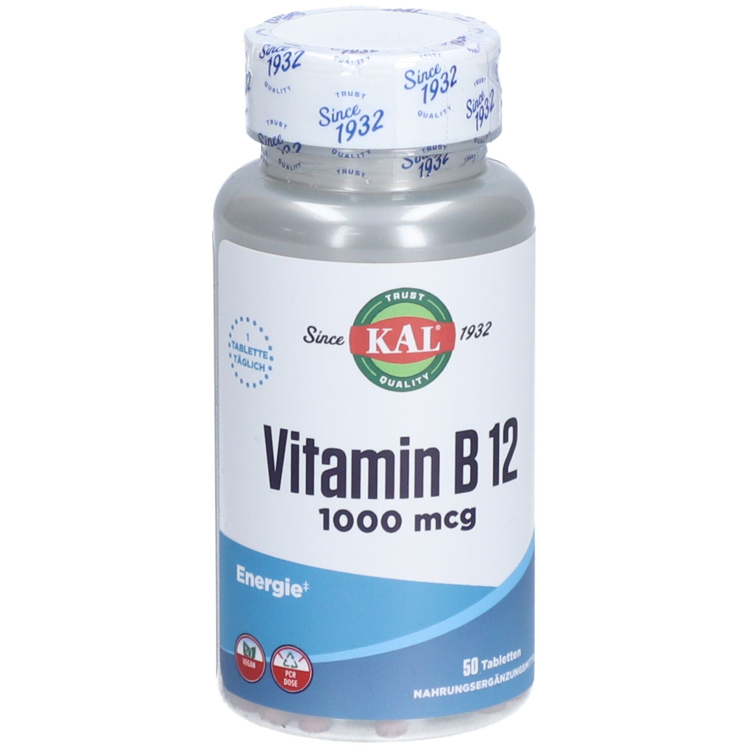 Flasche mit weißem Etikett. Aufschrift: Vitamin B12 1000 mcg, 50 Tabletten. Marke: KAL.