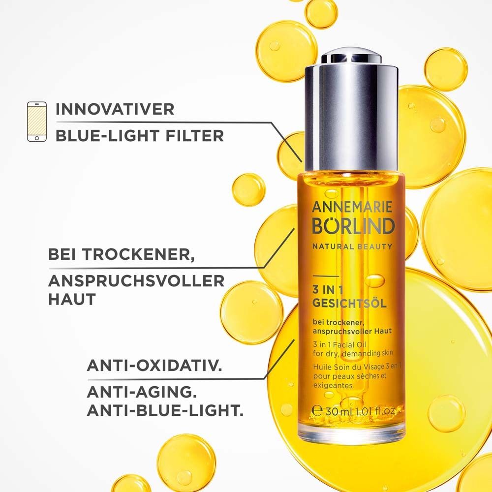 Gesichtsöl-Flasche mit Text und gelben Tropfen. Text: ANNEMARIE BÖRLIND, 3 in 1 Gesichtsöl. Anti-Aging, Anti-Blue-Light.