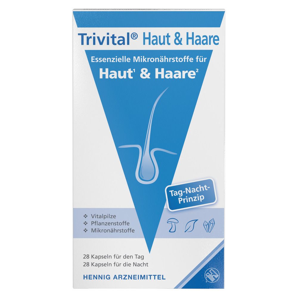 Verpackung von Trivital® Haut & Haare. Weiß mit blauem Dreieck, Produktname, Illustration von Haarwurzel.