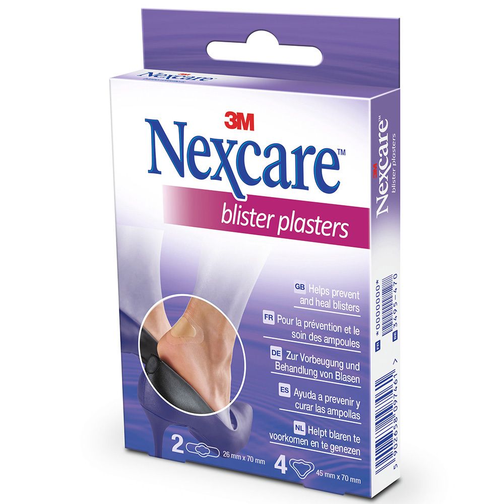 Verpackung von Nexcare Blasenpflastern. Enthält 2 ovale und 4 tropfenförmige Pflaster. Aufdruck: 26 mm x 70 mm und 45 mm x 70 mm.