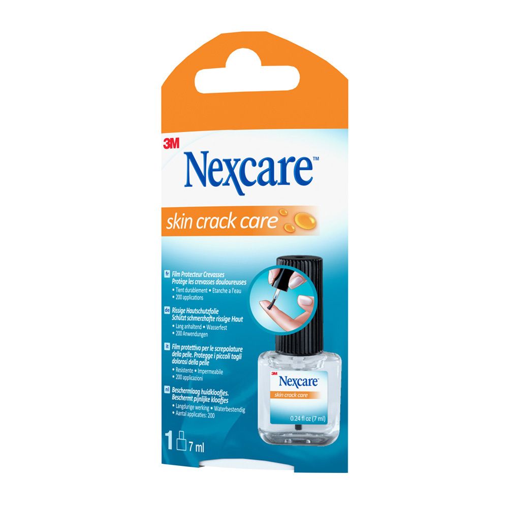Verpackung von Nexcare Skin Crack Care. Flasche mit Pinsel. Produktname und Logos auf der Verpackung.