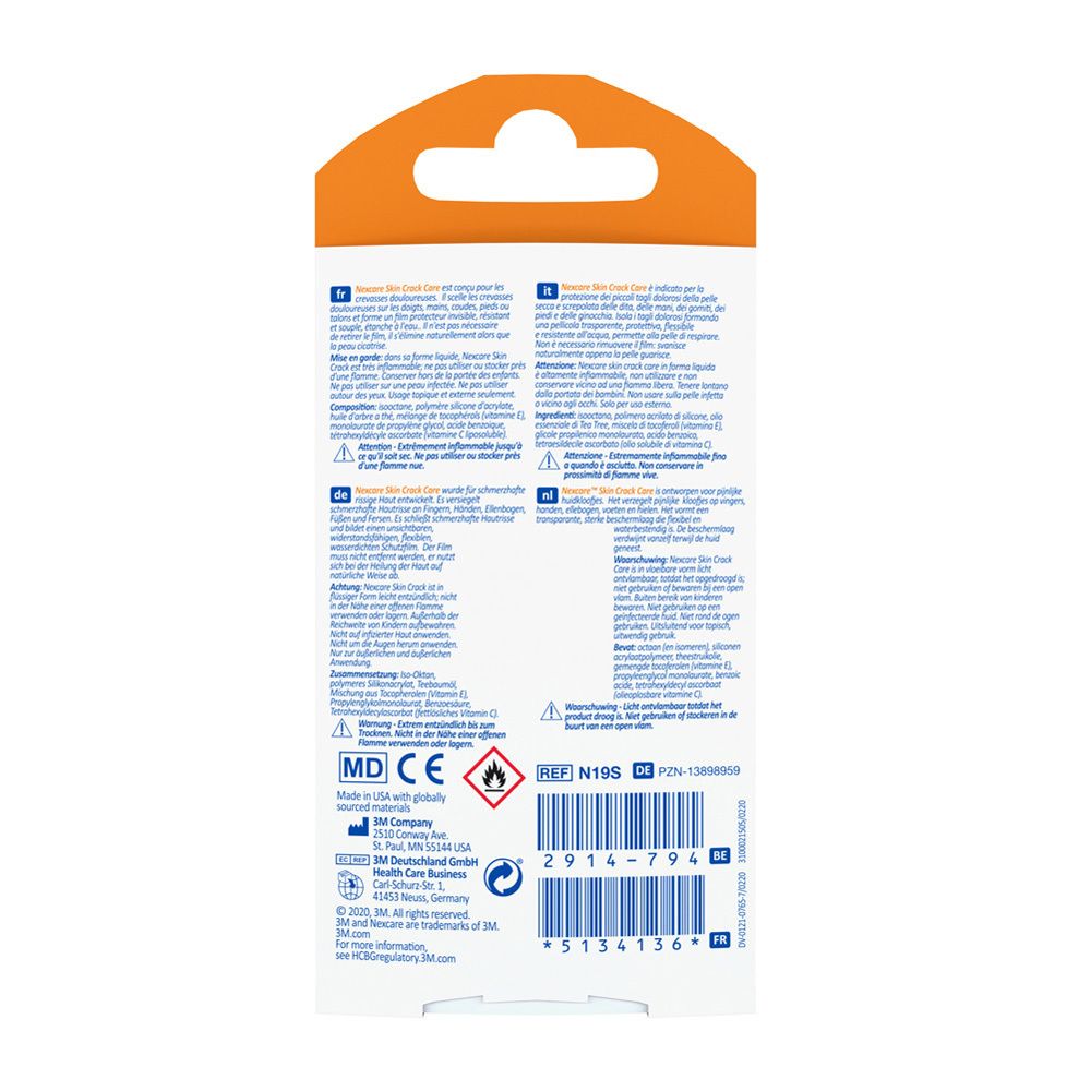 Rückseite der Verpackung von Nexcare Skin Crack Care. Text in mehreren Sprachen. Herstellerinformationen und Logos.