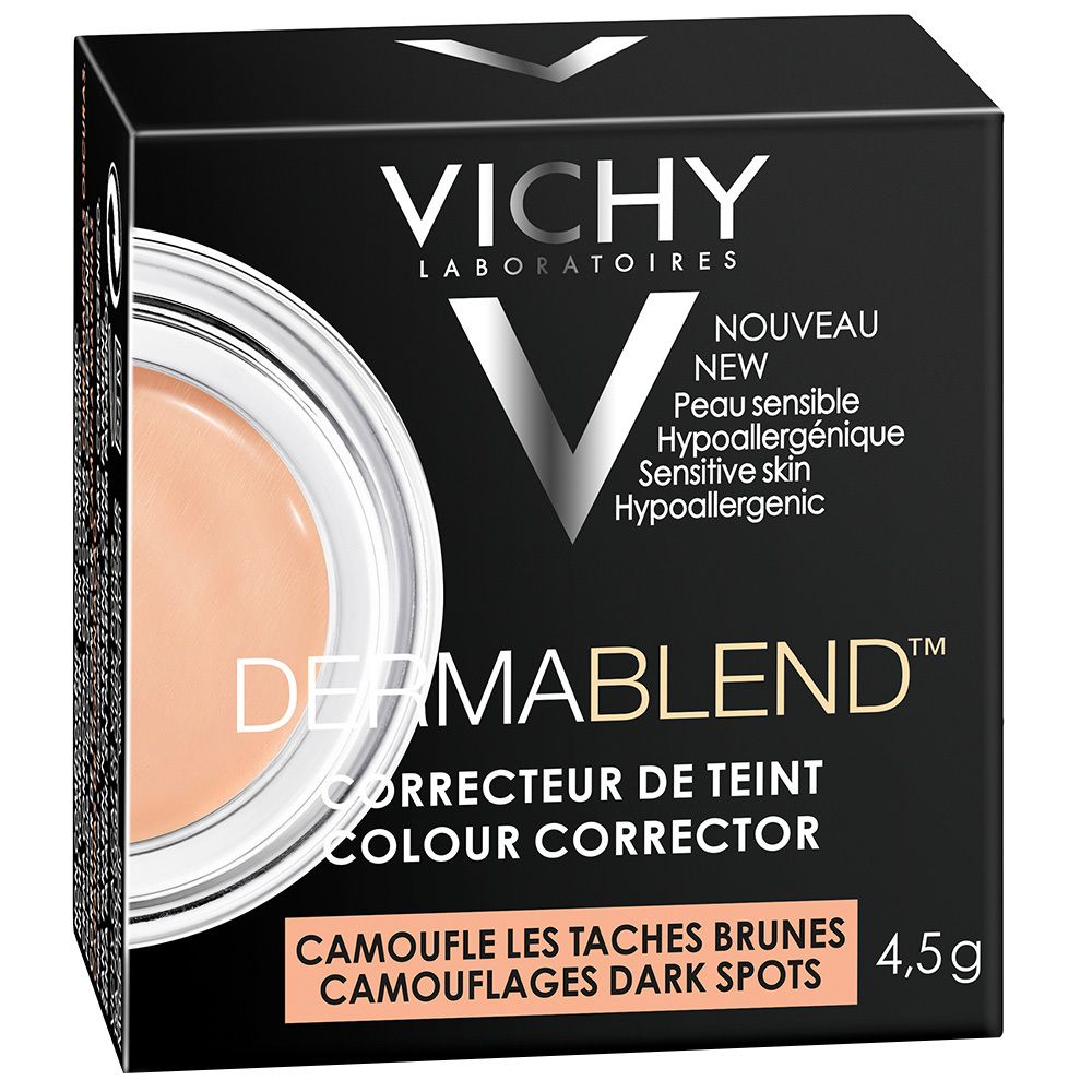 Vichy Dermablend Korrekturfarbe Apricot in Verpackung. Schwarze Schachtel mit Produktinformationen und Produktabbildung.
