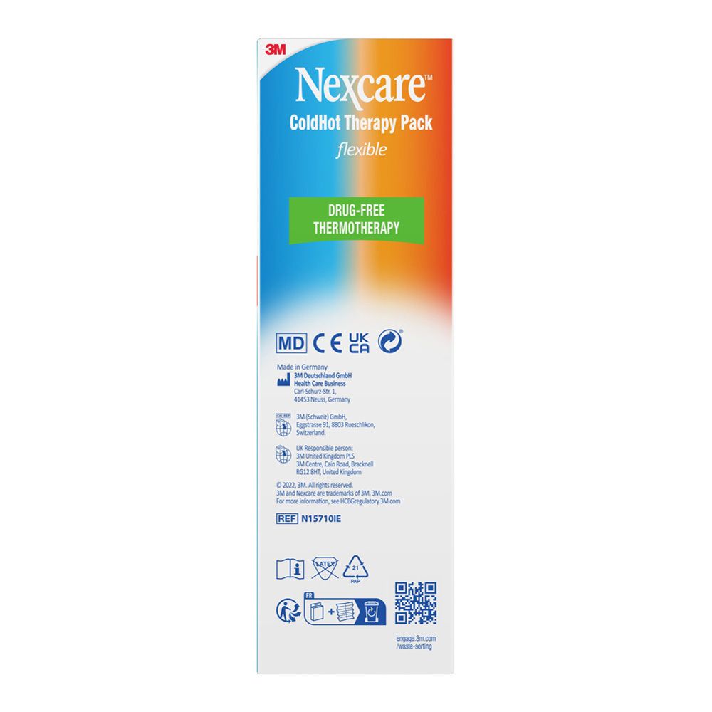 Seite der Verpackung der Nexcare ColdHot Therapy Pack. Produktinformationen und Logos sind sichtbar.