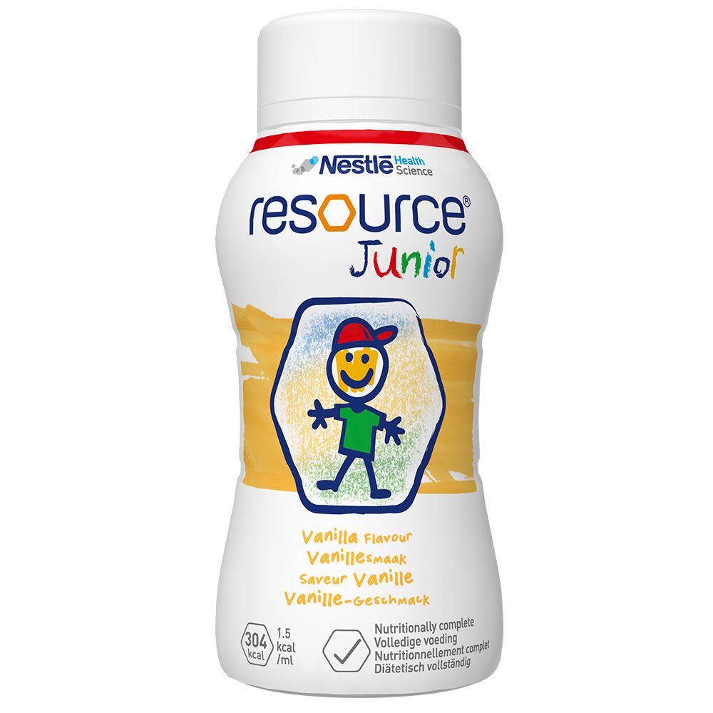 Weiße Flasche mit RESOURCE Junior Vanille. Aufdruck mit Logo, Kind-Illustration und Text. Deckel weiß, roter Ring.