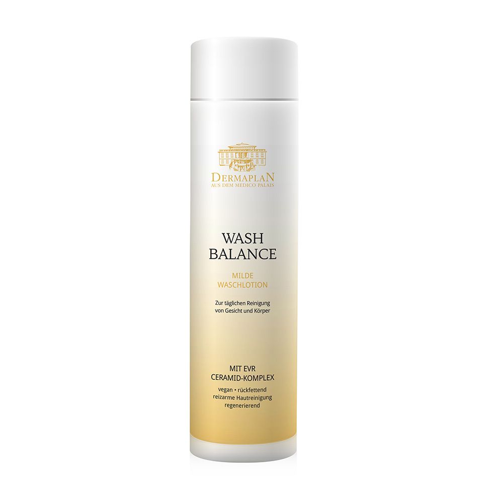 Weiße Flasche mit DERMAPLAN und WASH BALANCE-Etikett. Aufschrift: Milde Waschlotion. Mit EVR Ceramid-Komplex.