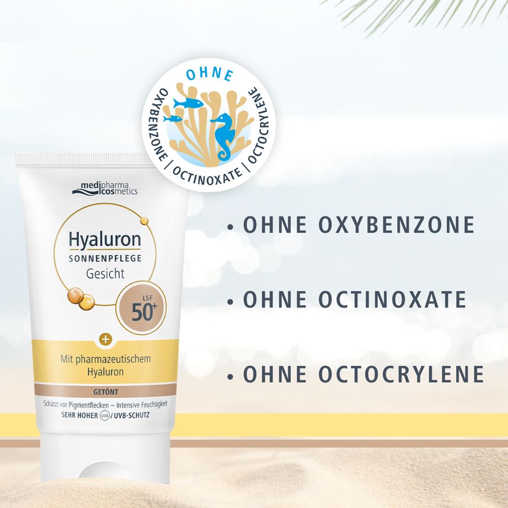 Tube Hyaluron Sonnenpflege Gesicht LSF 50+ mit Text. Ohne Oxybenzone, Octinoxate, Octocrylene.