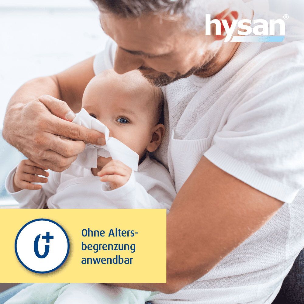Ein Mann hält ein Baby, das sich die Nase putzt. Gelbes Feld mit Text: Ohne Altersbegrenzung anwendbar.