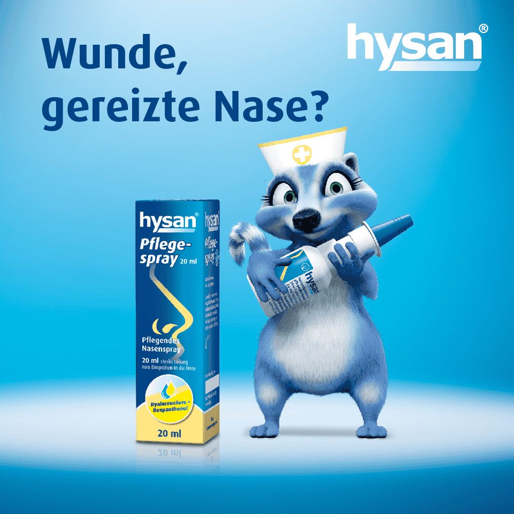 Ein Cartoon-Waschbär hält eine Flasche Hysan Pflegespray. Text: Wunde, gereizte Nase?