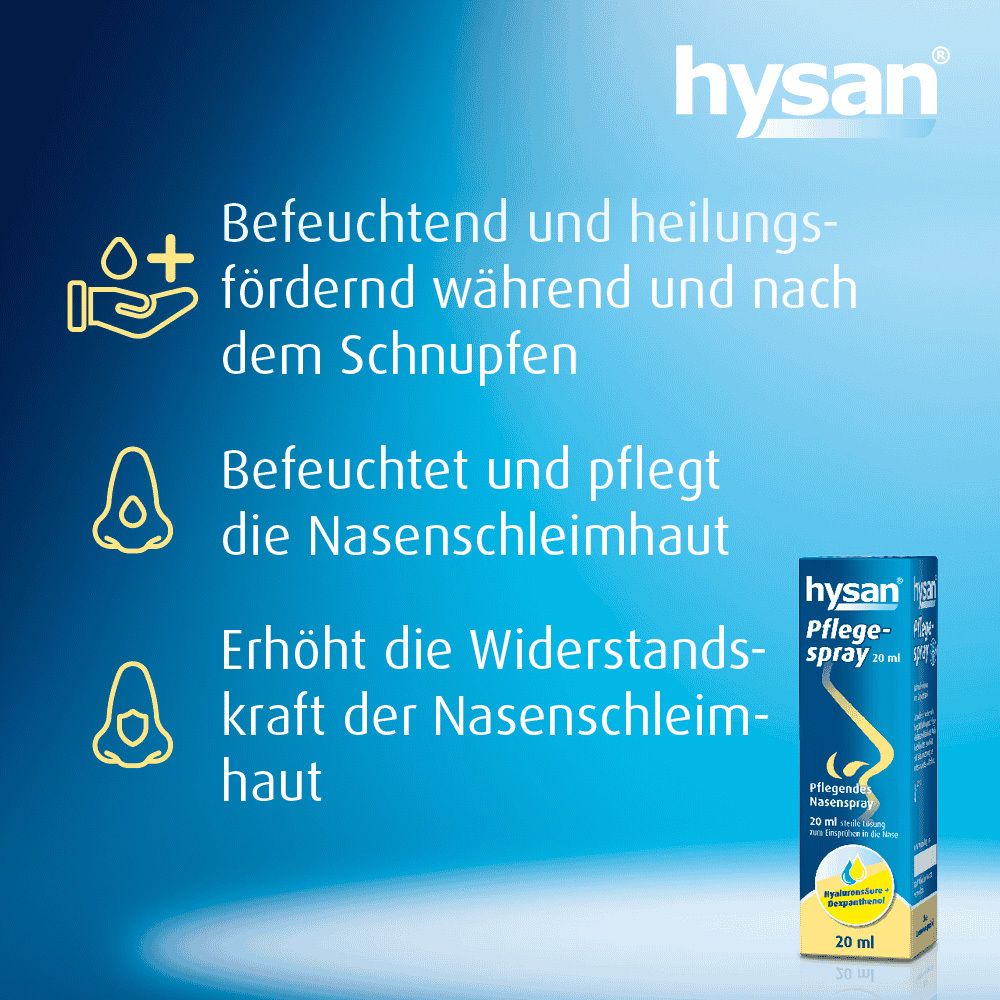 Text und Icons über Hysan Pflegespray. Befeuchtend, heilungsfördernd, befeuchtet und pflegt, erhöht die Widerstandskraft.
