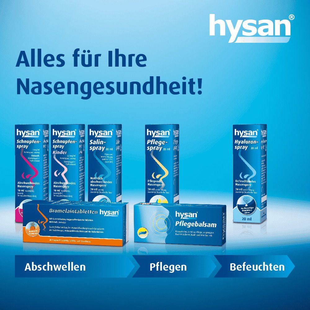 Verschiedene Hysan-Produkte. Text: Alles für Ihre Nasengesundheit! Produkte für Abschwellen, Pflegen, Befeuchten.