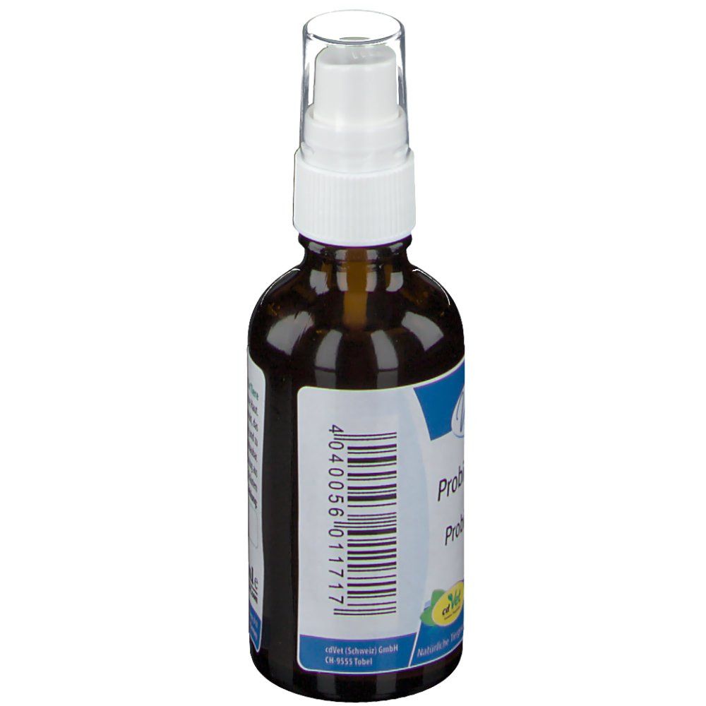 Braune Flasche mit weißem Sprühkopf. Aufschrift: VeaVet Probiotic-Spray. Text und EAN-Code.