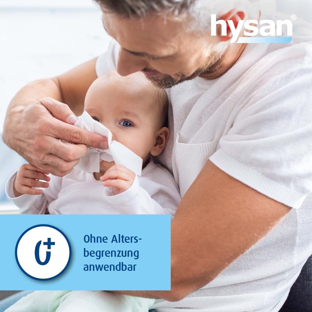 Mann hält Baby, wischt Nase mit Taschentuch. Text: Ohne Altersbegrenzung anwendbar. Logo: G+ in blauem Kreis.