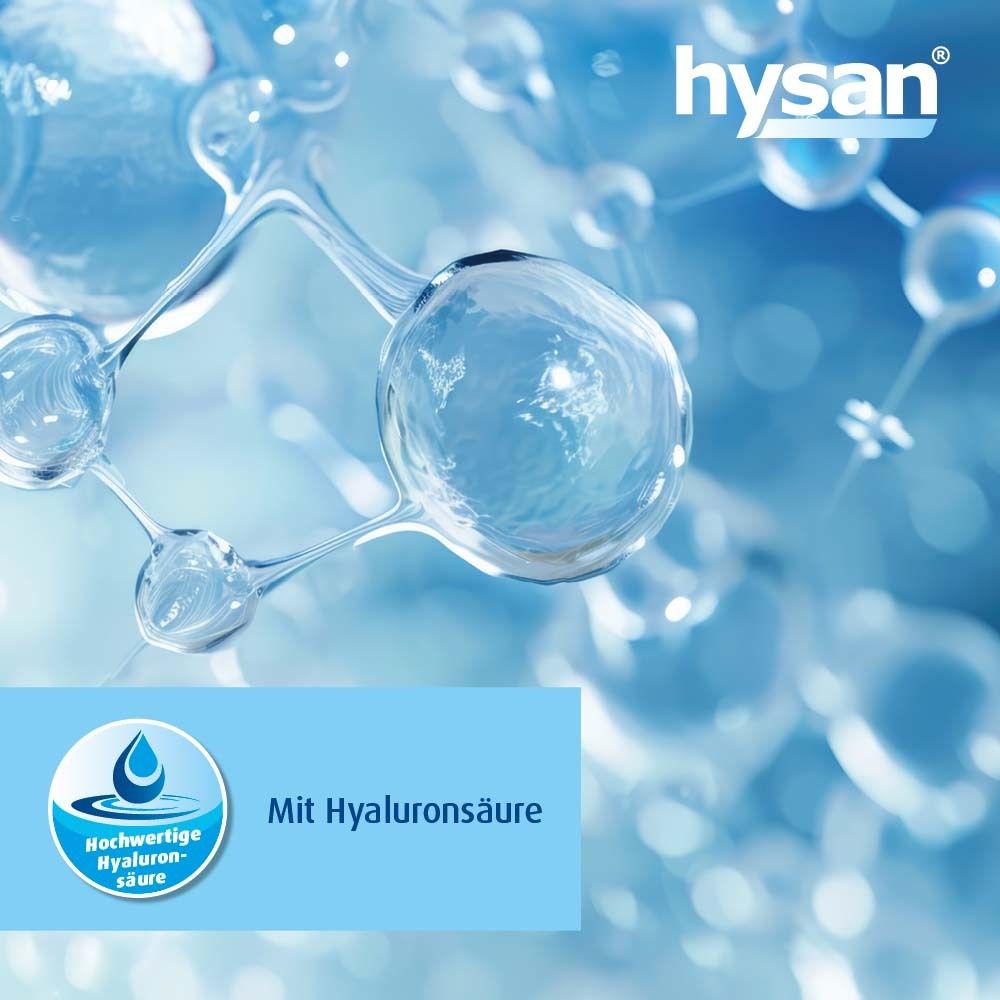 Wassertropfen-Grafik mit Hyaluronsäure-Molekülen. Text: Mit Hyaluronsäure. Logo: Tropfen mit Schriftzug in blauem Kreis.