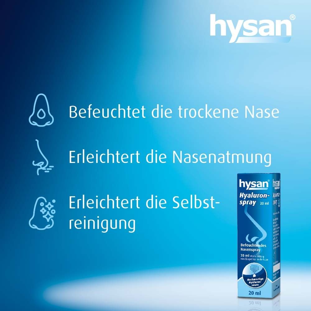Hysan Hyaluronspray, 20 ml. Text: Befeuchtet, erleichtert Atmung, Selbstreinigung. Blaue Verpackung.
