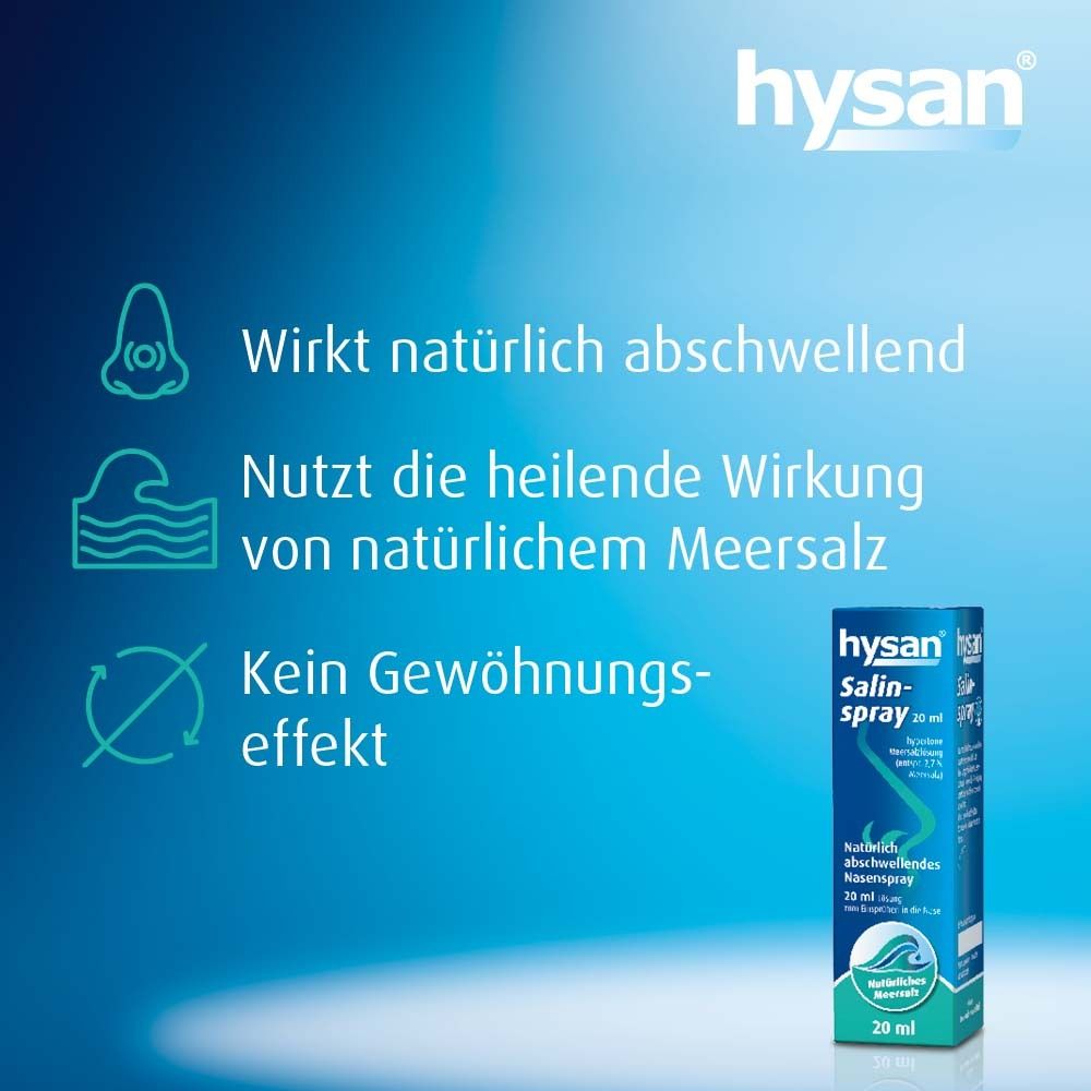 Produktabbildung mit Text: Wirkt natürlich abschwellend, nutzt Meersalz, kein Gewöhnungseffekt. Hysan Salinspray.