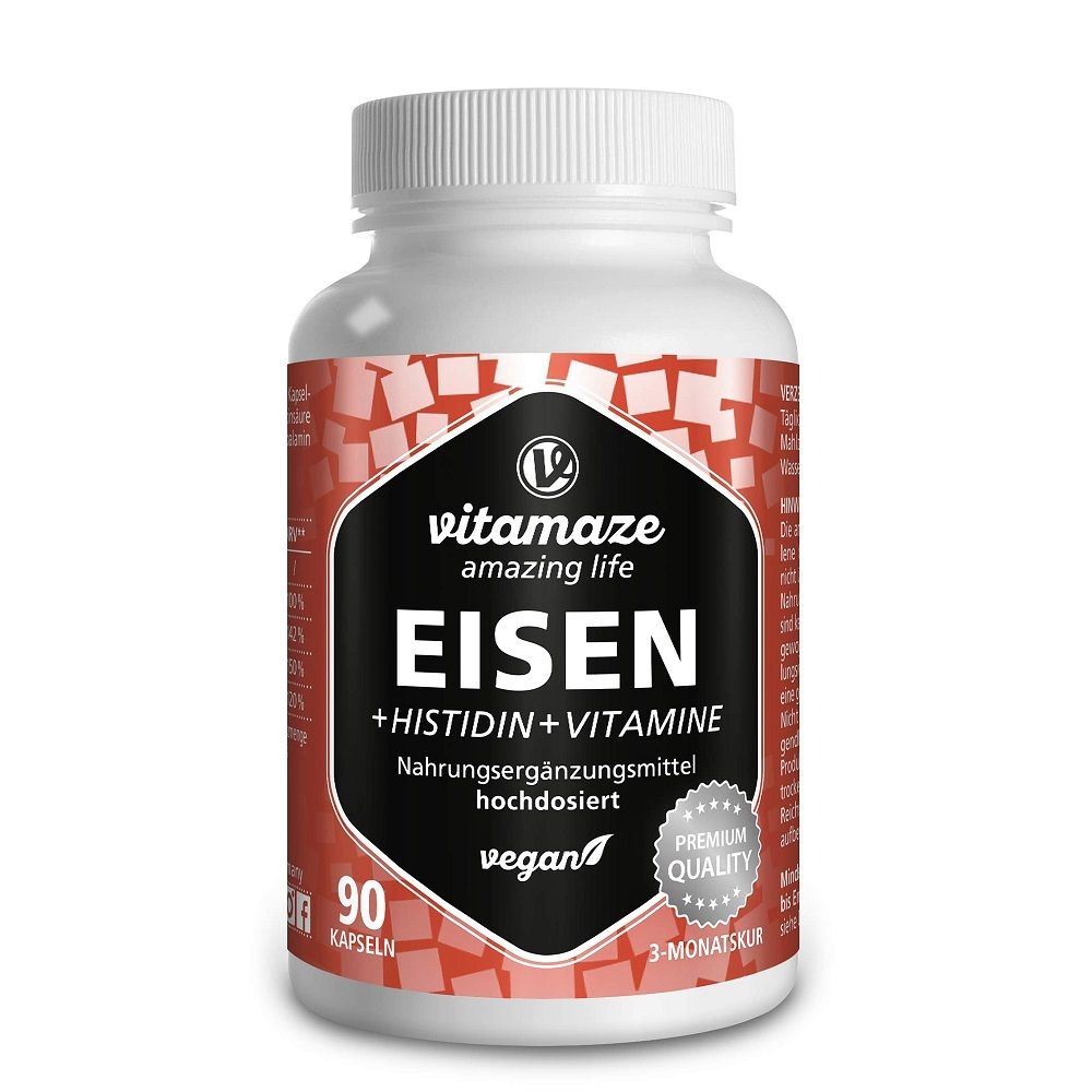 Weiße Flasche mit Kapseln. Aufschrift: EISEN + HISTIDIN + VITAMINE. Vegan. 90 Kapseln. Premium Quality.