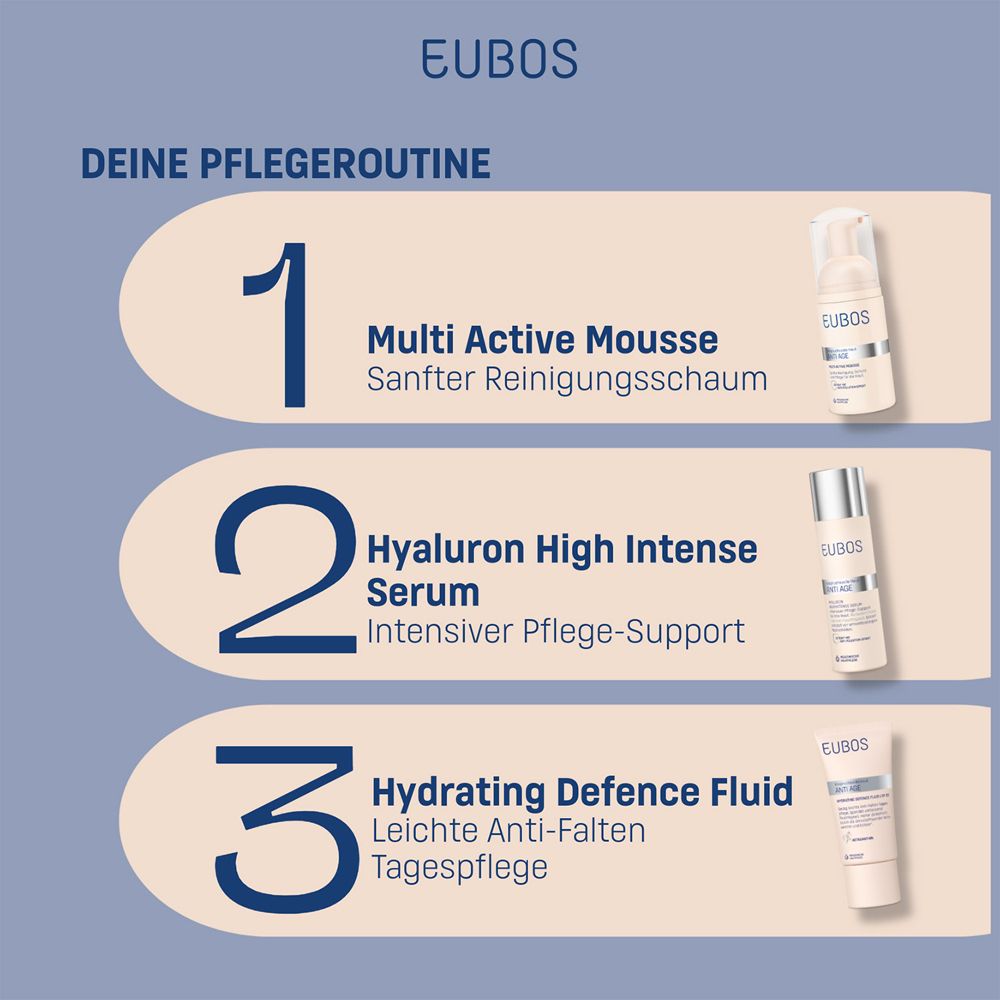 Drei EUBOS Produkte. Multi Active Mousse, Hyaluron High Intense Serum, Hydrating Defence Fluid. Auf blauem Hintergrund.