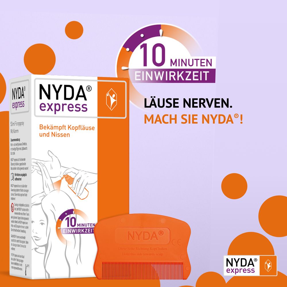 NYDA® express Pumpspray und Kamm zur Läusebekämpfung mit 10-Minuten-Einwirkzeit.