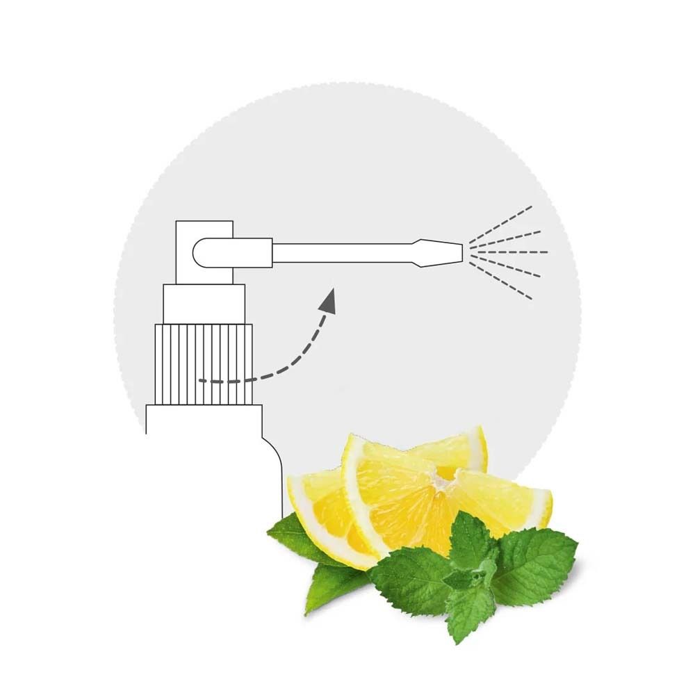 Grafische Darstellung eines Mundsprays. Zitronenscheiben und Minzblätter liegen daneben.