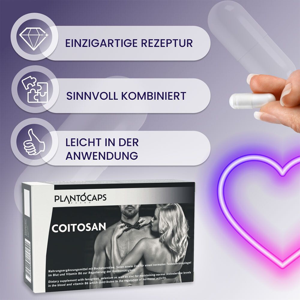 PlantoCaps Coitosan Verpackung, Kapsel und Herzsymbol.
