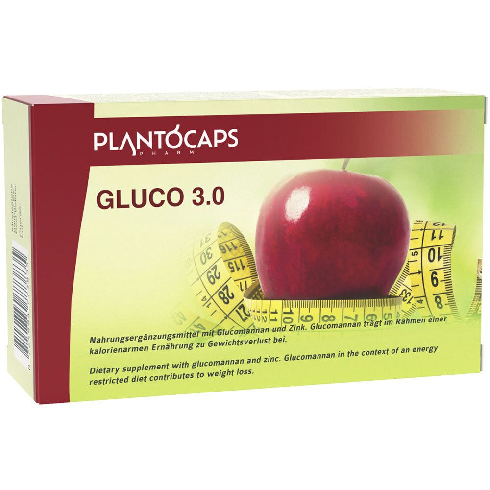 PlantoCaps Gluco 3.0 Verpackung mit Apfel und Maßband.