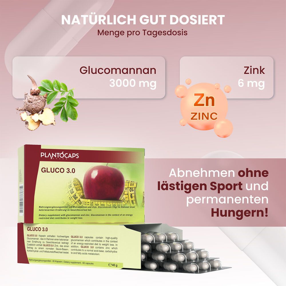 PlantoCaps Gluco 3.0 Verpackung, Vorderseite mit Produktinformationen.
