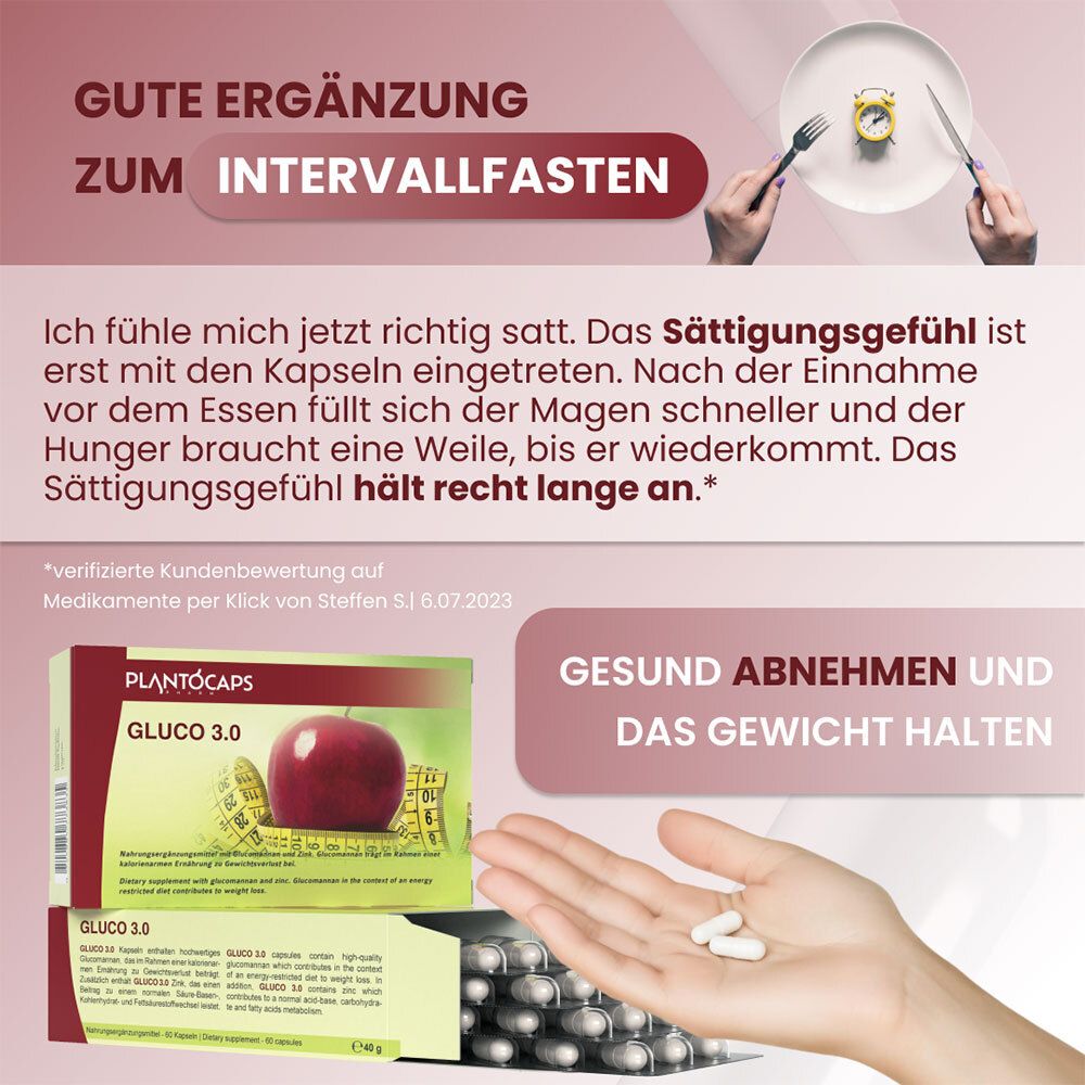 PlantoCaps Gluco 3.0 Verpackung mit Apfel und Maßband.