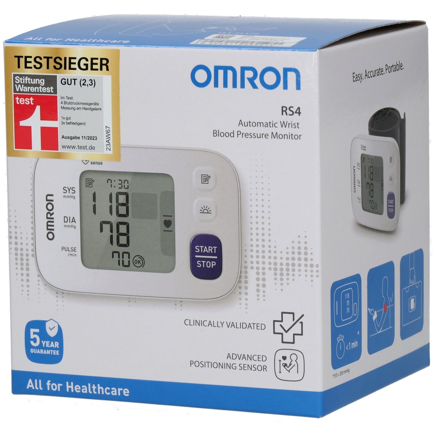 OMRON RS4 Handgelenk-Blutdruckmessgerät in Verpackung. Anzeige: 118/78, Puls 70. Stiftung Warentest GUT (2,3).