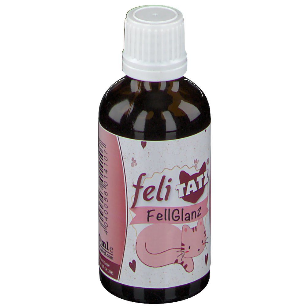 Braune Flasche mit weißem Deckel. Aufkleber mit rosa Katze und Schriftzug: feliTATZ FellGlanz. 50 ml.
