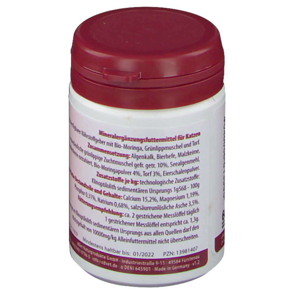 Weißes Behältnis mit bordeauxrotem Deckel. Text auf Etikett: Mineralergänzungsfuttermittel für Katzen, Inhaltsstoffe, Analyse.