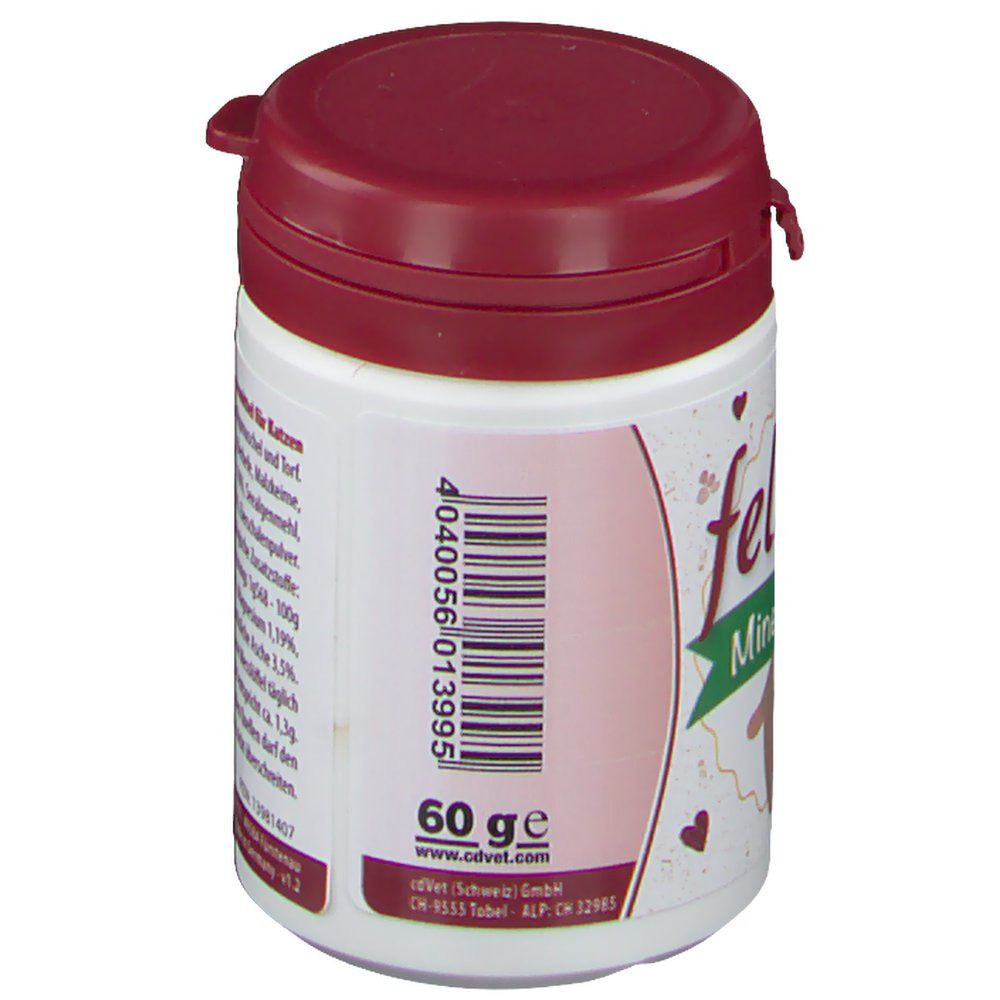 Weißes Behältnis mit bordeauxrotem Deckel. Aufkleber mit Barcode und Text: 60 g, calvet.