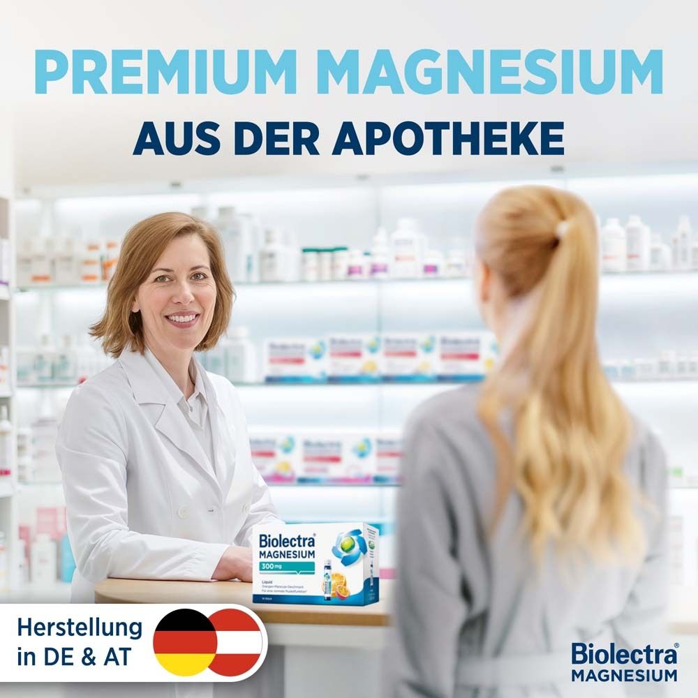 Apotheke. Frau am Tresen. Text: Premium Magnesium aus der Apotheke. Herstellung in DE & AT. Produkt.