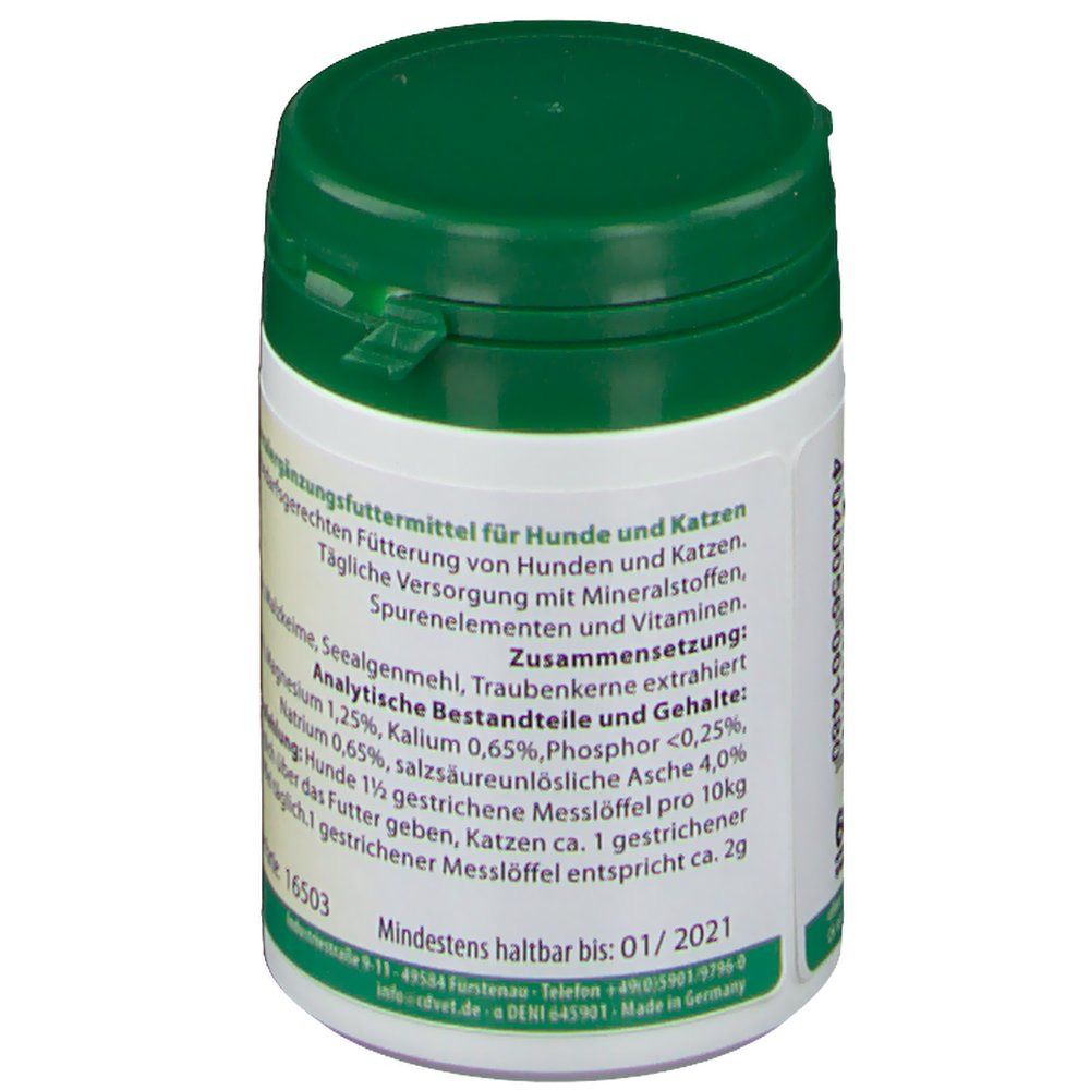 Rückseite der Dose. Text: Mineralergänzungsfuttermittel für Hunde und Katzen. Zusammensetzung und Haltbarkeit.