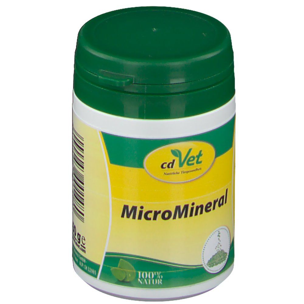 Grüne Dose mit Deckel. Aufschrift: cdVet MicroMineral. Gelbes Etikett mit grünen Akzenten. 60 ge.