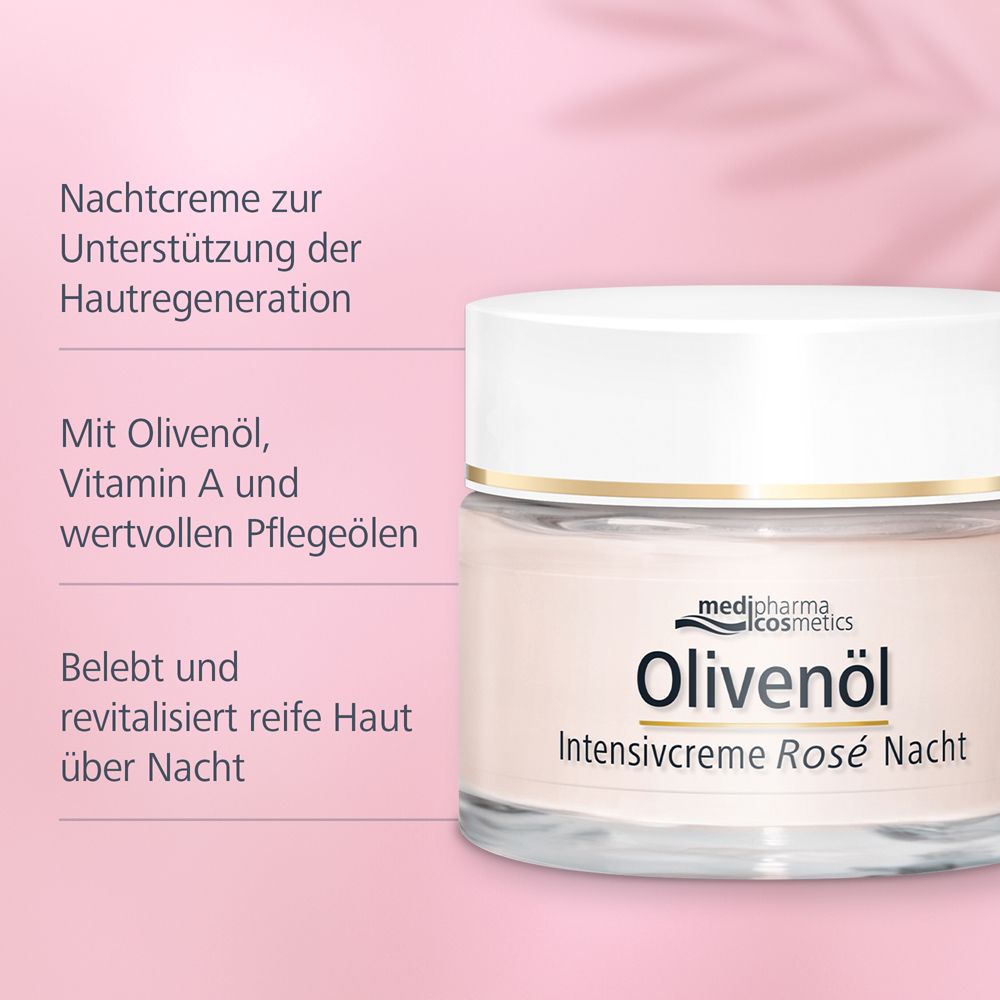 Creme-Glas mit Text. Text: Olivenöl Intensivcreme Rosé Nacht. Aufschrift: Nachtcreme zur Unterstützung der Hautregeneration.